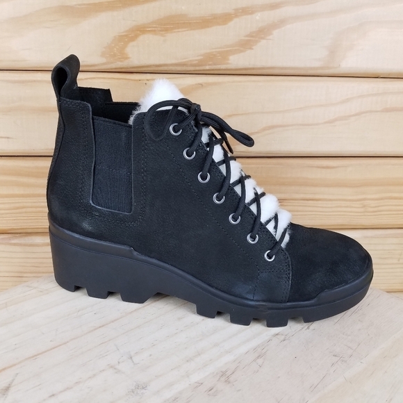 Eileen Fisher 6.5 US CALM Black Leather Boots Genuine Shearling Trim Booties NEW - Picture 1 of 12